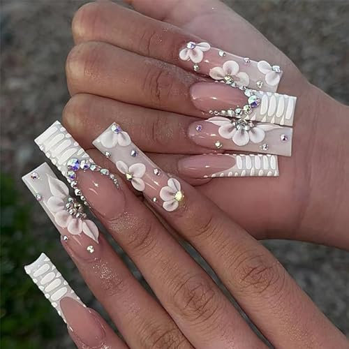 24pcs Extra Long Square French White Tip Press on Nails With Rhinestone Flower - Removable Glue-on Full Cover Fake Nail Art Accessories for Women and Brides