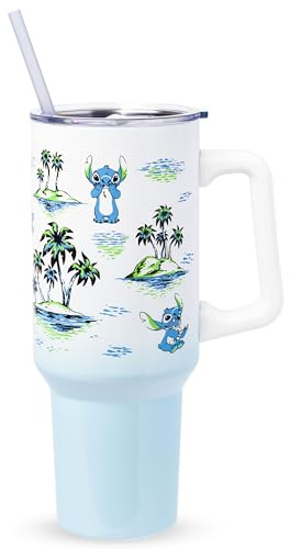 Silver Buffalo Disney Lilo and Stitch Vintage Sketch Palm Trees and Flowers Double Walled Stainless Steel Tumbler with Handle and Straw, Fits in Standard Cup Holder, 40 Ounces