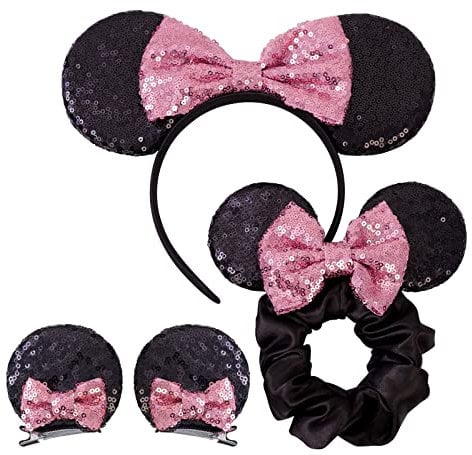 Mouse Ears Bow Headbands Glitter Sequin Decoration Birthday Decorations Black Ears Red Bow with Bow Headbands Hair Clip for Girls (Fuchsia Pink)