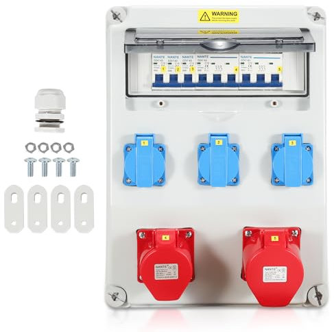 Eulenke Wandverteiler, Baustromverteiler CEE 1x32A+1x16A 5P, 3x230V Schuko Steckdosen, mit Leitungsschutzschalter, IP44 Wasserdicht mit Sicherheitsklappdeckeln