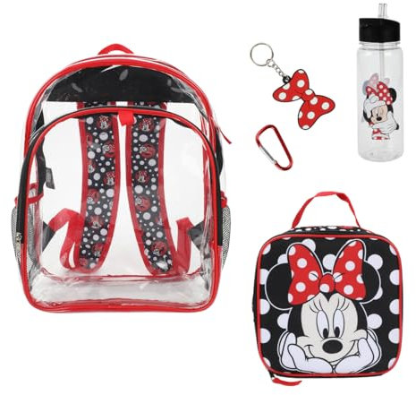 Bioworld Minnie Mouse Backpack Set (Little Big Kid) Sac à Dos, Bouteille d'eau, Porte-clés, Mousqueton, Trousse à déjeuner, Bordeaux, Taille Unique (Lot de 5) Fille