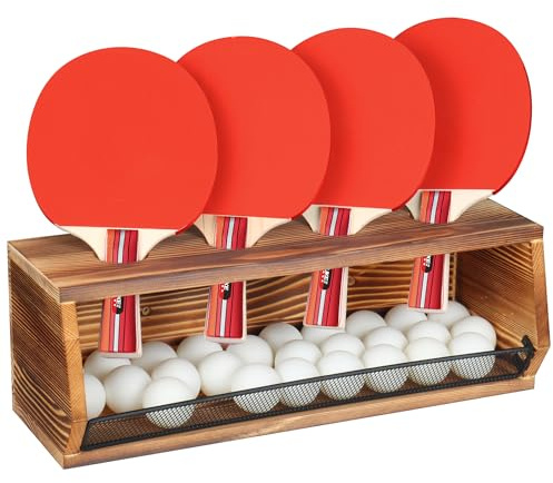 Tischtennis Halter aus Holz, Ping-Pong Wandhalterung mit Ballablage, Schläger-Organizer-Zubehörset für Spielzimmer, Bar, Garage, Büro, Zuhause