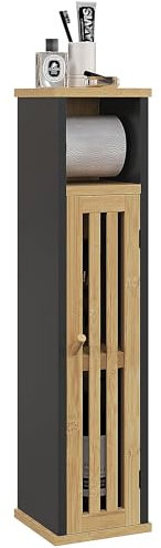 HOMCOM Mobiletto Bagno con Ripiano Aperto e Armadietto con Ripiano Regolabile, Mobile Contenitore in Bambù e MDF, 18x18x75 cm, Nero e color Legno