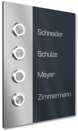 Graviers Design Mehrfamilienhaus Klingel mit LED Klingeltaster 4 Namen Gravur - V2A Edelstahl Türklingel 140x185 mm Pulverbeschichtet RAL 7016 - Unterputz wählbar Aufputz für Haustür 4-fach