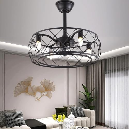 Ventilatore da soffitto 52CM Luce Industriale Ventilatore a Gabbia Vintage Lampada da soffitto con Telecomando per Camera da Letto in Stile Rustico Cucina e Soggiorno Lampadina E27
