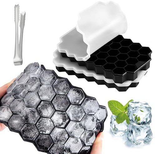 Ice Cube Trays with Lid, 2-Pack 74 Hexagonal Ice Cubes, 100% BPA Free, Stackable Easy Release Flexible Ice Mould, DIY Ice Cube Molds Set for Whiskey Cocktails Baby Food Iced Drinks(Black)