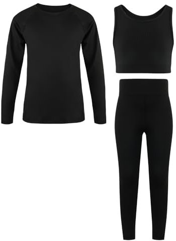 JiAmy Girls Yoga Leggings Girls Athletic Leggings Training Bras Set Kids Gym Crop Tank Top Activewear Set for 11-12 Years Black