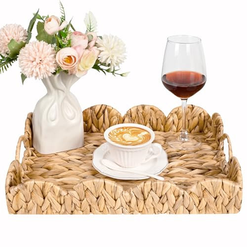 Livofloral Scalloped Edge Rectangle Serving Tray, Handwoven Rattan Tray with Built-in Handles, Decorative Scalloped Basket Tray for Coffee Table, Natural Water Hyacinth Wicker Baskets