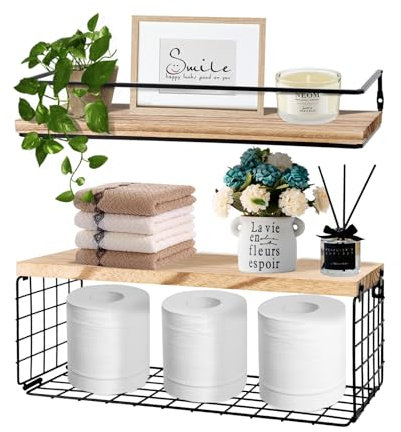 GIRYES Floating Shelves with Wire Storage Basket, Bathroom Shelves Over Toilet with Protective Metal Guardrail, Wood Wall Shelves for Bathroom, Bedroom, Living Room, Toilet Paper (2-in-1 Set)
