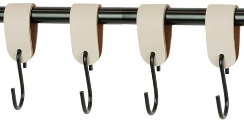 Handles and More - 4 x S Haken für Kleiderstangen - Creme - Größe S - für max. Durchmesser 30mm - Kleiderhaken mit Lederschlaufe - Garderobenhaken aus echtem Leder - Fleischerhaken für Garderobe