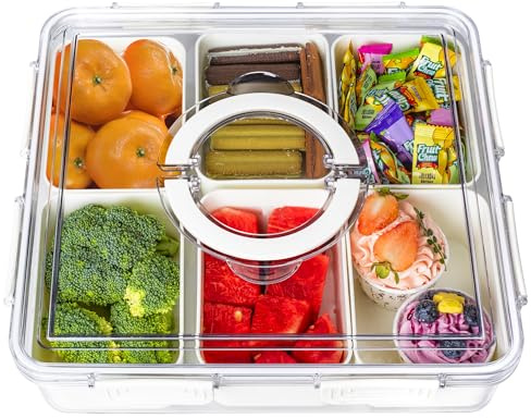 Large Snack Box Container - Portable Divided Serving Tray with Lid and Handle, 6 Compartment Big Snackle Box Charcuterie Container，Veggie Tray for Fruit, Salad, Vegetable, Candy