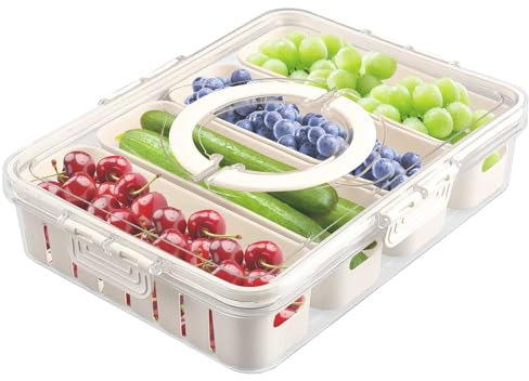 Yallmie Fridge Food Storage Containers with Lids, Divided Serving Tray Platter Removable Refrigerator Crisper Box with Lid, Fresh Food Storage Containers with Lids for Fruit Salad (4 compartments)