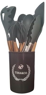 TINA&CO Juego de 12 Utensilios de Cocina de Silicona con Mango de Madera - Kit de Cocina Completo de Menaje, Antihaderente, Resistentes al calor y Duraderos (Gris)