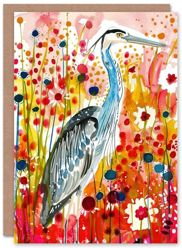 Artery8 Greeting Card Heron Bird in Colourful Abstract Flower Field Blank For Him Or Her Art Birthday Card