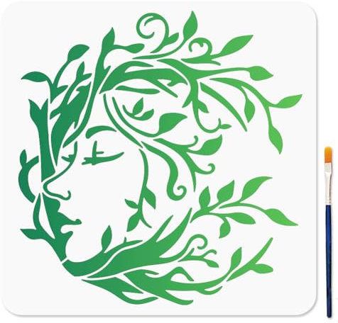 MAYJOYDIY Pochoir Arbre Femme Pochoirs Arbre de Vie avec Pinceau 30 × 30cm Art Feuilles de Vigne Visage Modèle de Dessin Réutilisable pour Artisanat Sur Fenêtre Bois Mur Décoration de la Maison