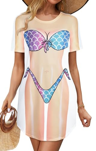 Womens Beach Cover Up Bikini T Shirt Loose Shiteshirts(Blue,M)