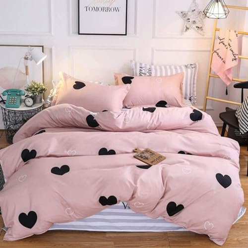 Freyamy Housse de Couette 140x200cm+1 Taie d'oreiller 65x65cm Coeur Imprimé Rose Noir Parure de lit 1 Personne Ado Motif du Cœur Sets de Housse Couette en Microfibre avec Fermeture Éclair