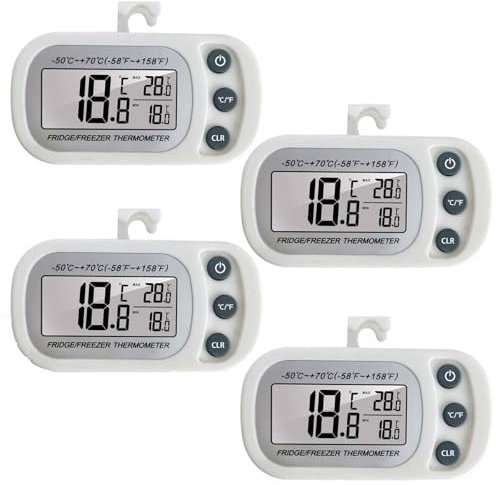 Asfrode Kühlschrankthermometer Digital, 4 Stück Kühlschrank Thermometer mit Haken & Magnet LCD Anzeige Digitales Kühlschrankthermometer Innen, Gefrierschrank Thermometer Max/Min Funktion (4 Weiß)