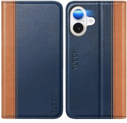 TUCCH Flip Case with 3 Card Holders for iPhone 16 (6.1), Brown & Blue | RFID Blocking, Viewing Stand, Shockproof TPU, Premium PU Leather, Protective Folio Folding Cover