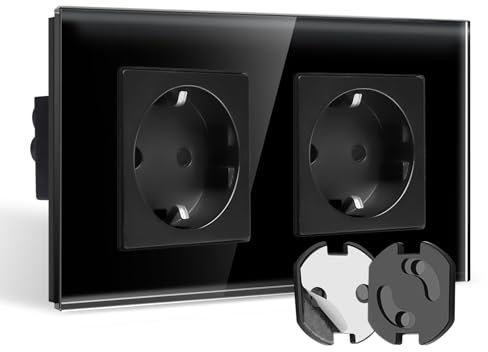 CNBINGO Enchufe doble de cristal empotrado, color negro, protección de enchufe, protección para niños con mecanismo de giro, enchufe Schuko doble, enchufe de pared con marco de cristal
