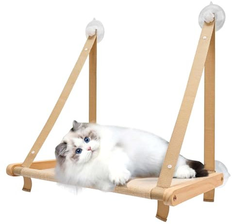 Hamac Chat Fenêtre, Hamac pour Chat Jusqu'à 18 kg, Chaise Longue Chat, Hamac avec Vue à 360°, Support de Rebord de Fenêtre Kaki Lavable avec Ventouse Forte pour Chat, 50 x 38 cm
