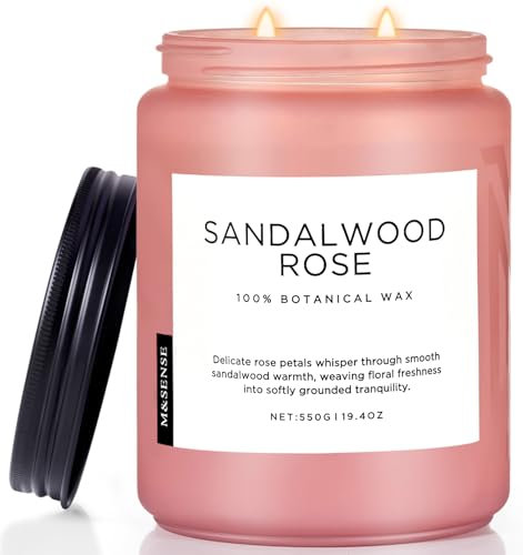 M&SENSE Sandelholz Rose Duftkerze (550g, 110h) – 2-Docht Intensive Holznote – Natürliche Sojawachs-Kerze – Langanhaltend für Zuhause – Geschenk für Männer & Frauen