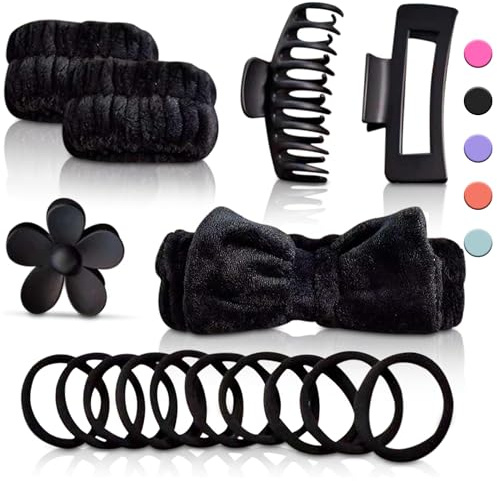 D&S Global 16pcs/set Spa Washing Face Makeup Washband Fluffy Wristband Bow Headbands Flower Hair Claw Women Hair Accessories Set - Black