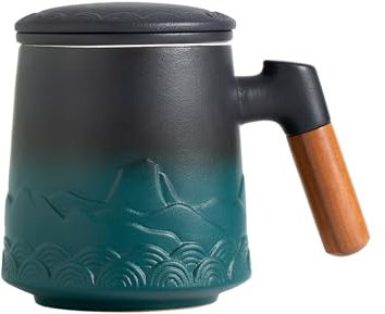 ZENS Tasse à Thé avec Infuseur et Couvercle (500 ML),Tasse en Céramique Gaufrée pour Thé en Feuilles avec Filtre Fin – Vert Foncé avec Poignée en Bois, Diffuseur pour Thé Chaud