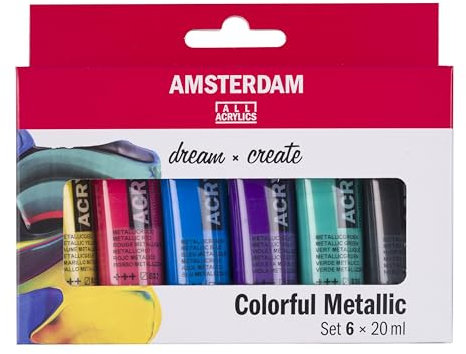 Amsterdam Standard Series peinture acrylique set métallique coloré, 6 x 20 ml, pigments résistants, utilisation polyvalente, finition satinée