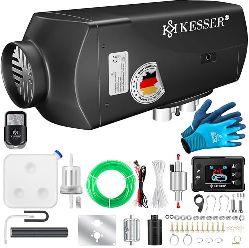 KESSER® Riscaldamento diesel da 8 kW, 12 V/24 V, con timer, display LCD e telecomando, riscaldamento rapido, riscaldatore d'aria con silenziatore e termostato (nero, 8 KW)