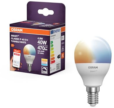 OSRAM SMART LED Lampe P40 Miniballform E14, 4.9W ZigBee 3.0, Tunable White 2700-6500K, dimmbar, App Steuerung, Alexa