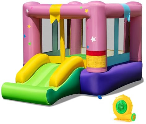 COSTWAY Castillo Hinchable para Niños, Castillo Hinchable Grande con Tobogán y Aro de Baloncesto, Casa de Salto Inflable para Fiesta, Insuflavel Criança en Interior y Exterior (con Soplador)