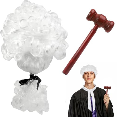 2 Pcs Judge Costume Accessories,White Judges Wig with Mini Wooden Gavel | Lifelike And Vivid Wig, Party Costume Accessories for Halloween, Role-Playing, Theme Parties Cosplay Accessories White