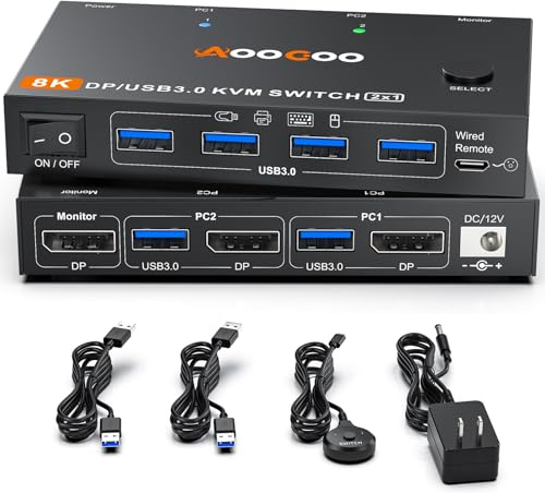 DP KVM Switch 1 Monitors 2 Computers, 8K@60Hz/4K@240Hz KVM Switch for 2 PC Sharing 1 Monitors, Keyboard, Mouse, with USB3.0 Cables, Wired Controller and Power Adapter