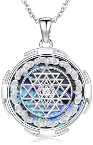 ROMANTICWORK Sri Yantra Geometrie Halskette - 925 Sterling Silber Abalone Sri Sacred Anhänger - Blume des Lebens Yantra Schmuck für den Muttertag, Geburtstag, Weihnachts geschenke - Männer & Frauen