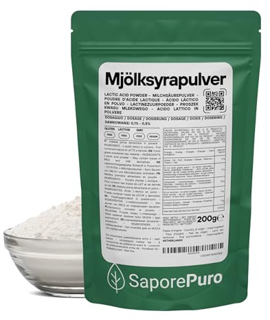 SaporePuro Acide Lactique en Poudre 200 g – Qualité Alimentaire Pure – Pour Boulangerie, Produits Laitiers, Boissons Fermentées et Usage Cosmétique