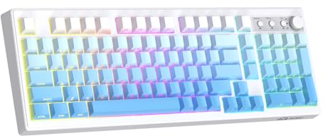 ZIYOU LANG K100 Teclado Gaming Inalámbrico 3 Modos con Perilla 102 Teclas | Bluetooth 2,4G Cableado, Teclado de Membrana, Teclas PBT Degradadas, Retroilum. RGB, Batería 4000mAh, PC Mac, Azul Glaciar