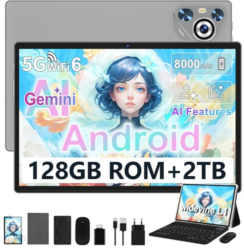 Dghrti Tablet 10 Pollici, 128GB ROM/TF 2TB, 8000mAh, con Tastiera - Grigio