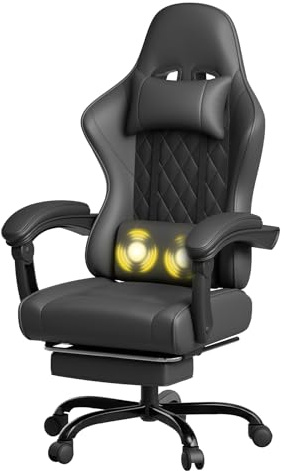 JUMMICO Ergonomic Massage Gaming Chair, Office Chair with Retractable Footrest, Vibration Lumbar Cushion & Headrest, 90-145° Reclining Backrest, 150KG Capacity, Black