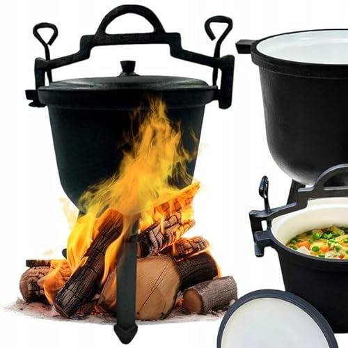 KlönBerg JAGDKOCHTOPF AUS GUSSEISEN 8 L, innen weiß emailliert, ideal für Lagerfeuer und Feldküche, Camping, Campingausflüge, Grillen KB9904