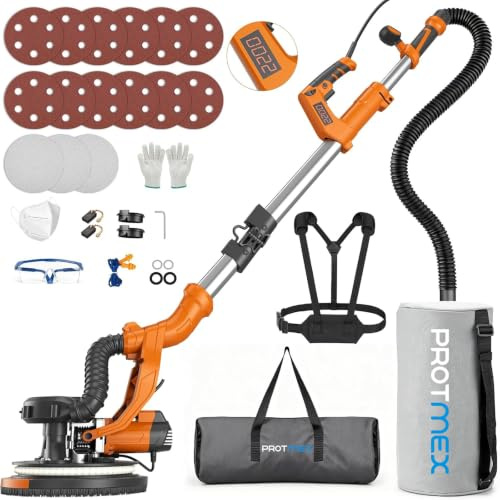 Protmex 1000W Trockenbauschleifer mit Integriertem Staubsauger LED-Licht | 6 Geschwindigkeiten, 800-2200RPM, 15 Schleifscheiben, Deckenschleifer mit 15 Schleifscheiben Schleifgiraffe