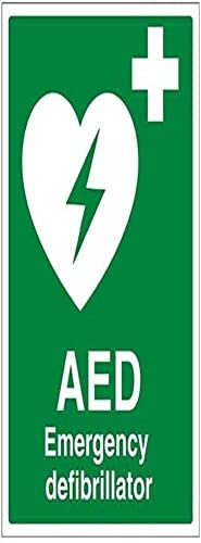 VSafety 31034BC-S, AED-Notfall-Defibrillator Erste-Hilfe-Schild, selbstklebend, Portrait, 300 mm x 400 mm, Grün.