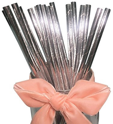 Glitter Metal Silver Paper Straws, Pack of 100 Biodegradable Disco Solid Silver Drinking Straws for Party Birthday Wedding Decorations
