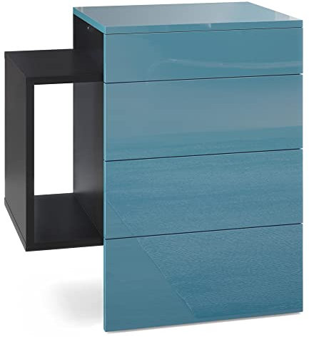 Vladon Nachttisch Queens, Made in Germany, Nachttischschrank mit 2 Schubladen und 1 seitlichem Fach zur Wandmontage, Schwarz matt/Petrol Hochglanz (60 x 63 x 36 cm)
