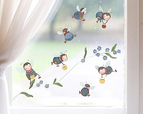 TinyFoxes Fenstebild Frühling - Fensterbild Hummeln aus 7 Teilen - selbstklebend und wiederverwendbar - handgezeichnet von Kristin Franke