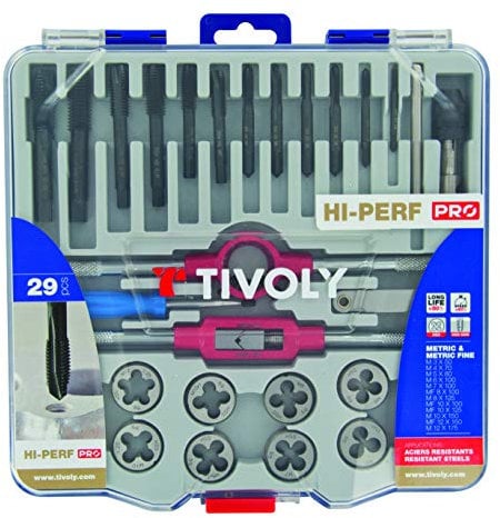 Tivoly Mallette 29 PCS 12 tarauds DIN 352 HSS GUN + 12 Filières HSS + 4 accessoires M3 à M12