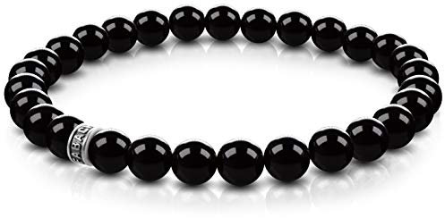 FABACH Onyx Perlenarmband mit 6mm Edelstein-Perlen und 925 Sterling Silber Logo-Perle - Edles Naturstein Stretch-Armband für Damen (Schwarz glänzend)