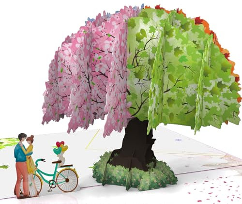 LIMAH® Pop Up Hochzeitskarte/kleines Geschenk zur Hochzeit,als Einladung, zum Valentinstag oder zum Jahrestag für Frau und Mann/Motiv 4 Jahreszeiten mit Baum Fahrrad und einem Paar