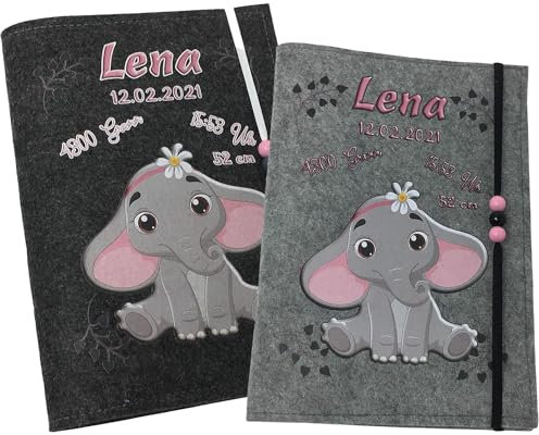 U Heft Hülle und Impfpass aus Filz - Personalisiert mit Namen - Untersuchungsheft Schutzhülle - Babygeschenke zur Geburt - Kinderuntersuchungsheft Mädchen und Junge - Elefant Rosa