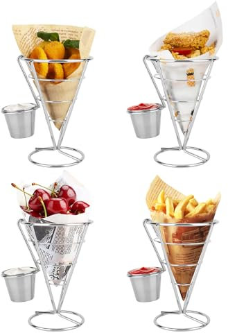 Jenngaoo French Fries Basket Stand 4-Pack, Metal Snack Display Rack for Restaurants, Parties, Events - Holds Fried Chicken, Fruit, Donuts, Chips, Compact Durable Food Service Holder